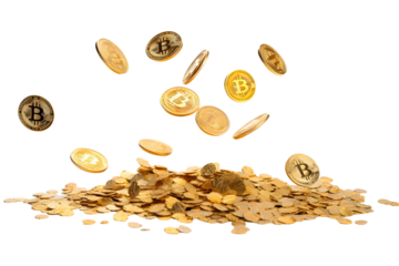 flying bitcoins isolated on white background