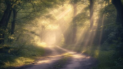  a dirt road in the middle of a forest with sunbeams shining through the trees on either side of the road is a bench with a bench on the other side of the road.