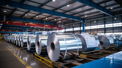 Large rolls of galvanized sheet steel coils in factory warehouse storage