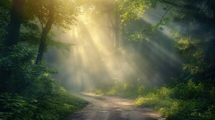 Obraz premium a dirt road in the middle of a forest with sunbeams shining through the trees on the other side of the road is a dirt road in the foreground.