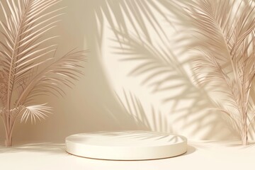 Abstract beige pastel background with podium and tropical palm leaves with shadows