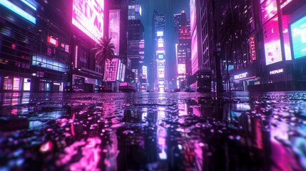Fototapeta na wymiar 3D Rendering of neon mega city with light reflection from puddles on street heading toward buildings. Concept for night life, business district center (CBD)Cyber punk theme, tech background