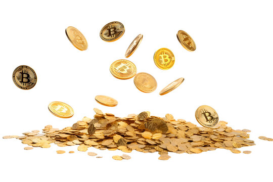 flying bitcoins isolated on white background