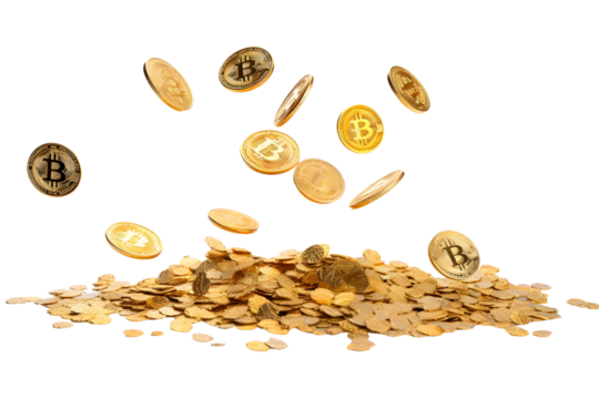 flying bitcoins isolated on white background