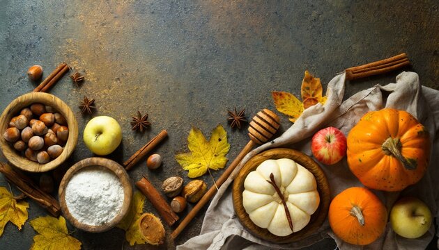 autumn baking background with pumpkins apples and nuts