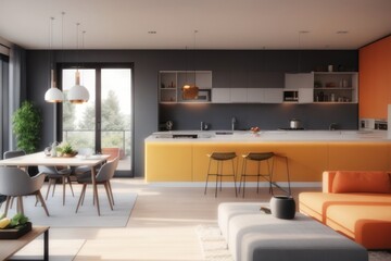 Fototapeta premium Interior home design of modern apartment with sofa, dining table and kitchen in one