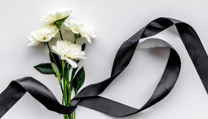 funeral symbols white flower near black ribbon on white background top view space for text