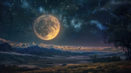  a painting of a full moon in the night sky above a mountain range with clouds and a tree in the foreground with a mountain range in the foreground.