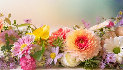 spring floral composition made of fresh colorful flowers on light pastel background festive flower concept with copy space