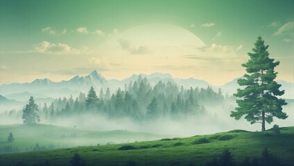 photo illustration of a vast and foggy green forest against a background of mountains made by AI generative