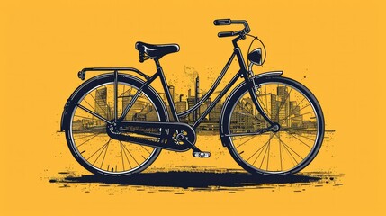 City bicycle. Vintage style in yellow. Set includes lettering and silhouette shape. Isolated vector illustration