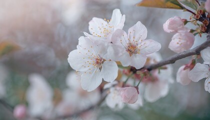 Obraz premium closeup of spring pastel blooming flower in orchard macro cherry blossom tree branch