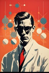 Pop Art and Retro Inspired Portrait of a Male Scientist in a Lab Coat Set Against an Abstract Background