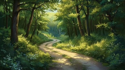 Fototapeta premium a painting of a dirt road in the middle of a forest with lots of trees and bushes on both sides of the road is a sunlit path through the trees.