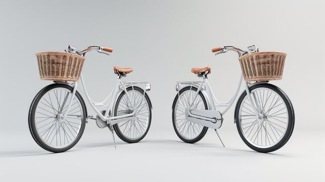 City bikes with shopping baskets. 3D image of modern personal vehicle. Transport that does not pollute environment. Realistic image of bicycle, front and back view