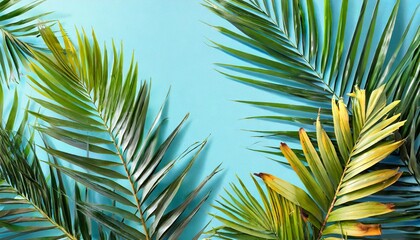 tropical palm leaves on light blue background minimal nature summer styled flat lay image is approximately 5500 x 3600 pixels in size