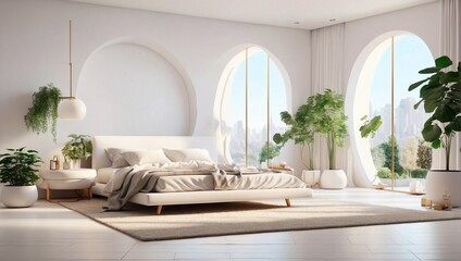 photo of a bedroom concept on a white theme with beautiful greenery decoration made by AI generative