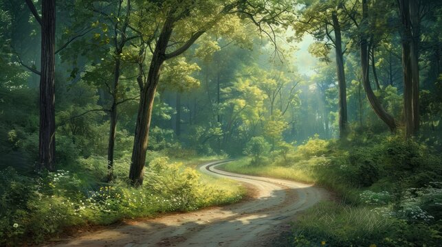  a painting of a dirt road in the middle of a forest with trees on both sides of the road and sun shining through the trees on the other side of the road.