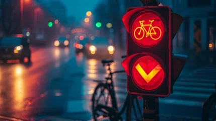 Fotobehang Bicycle stop red warning lamp sign on traffic light road highway driveway drive crossroad intersection evening dark time german city. Bike forward movement prohibited on semaphore signal city street  © Zahid