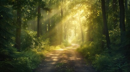  a dirt road in the middle of a forest with sunbeams on both sides of the road and trees on both sides of the road, with sunlight streaming through the trees.