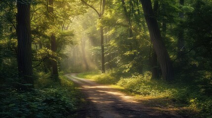  a dirt road in the middle of a forest with sunbeams shining through the trees on the other side of the road is a dirt path that runs through the woods. - obrazy, fototapety, plakaty