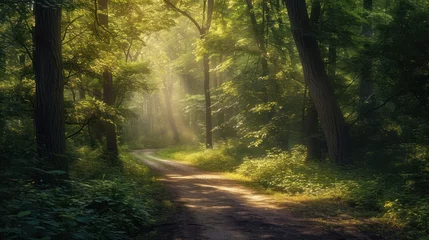 Foto op Aluminium  a dirt road in the middle of a forest with sunbeams shining through the trees on the other side of the road is a dirt path that runs through the woods. © Olga