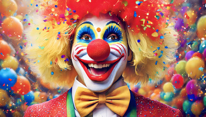 clown, close up, karneval, bunt, konfetti, kostüm, perücke, rosenmontag, weiberfastnacht, fasching, konfetti, neu, modern, fliege, hinetrgrund, karte, copy space, reklame, werbung, poster