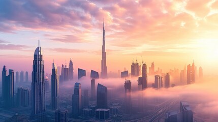 Dubai city center - amazing city skyline with luxury skyscrapers at sunrise, United Arab Emirates