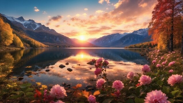 
photo of lake view with many flowers on its edge against the background of mountains in the morning made by AI generative