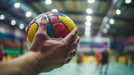 a handball match, with the focus on a handball player's hand securely gripping the ball. The background, intentionally blurred, shows the indoor handball court, with glimpses of other players - obrazy, fototapety, plakaty