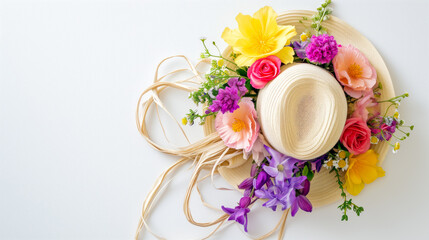 Obraz na płótnie Canvas Easter bonnet background with straw hat and flowers with copy space for text.