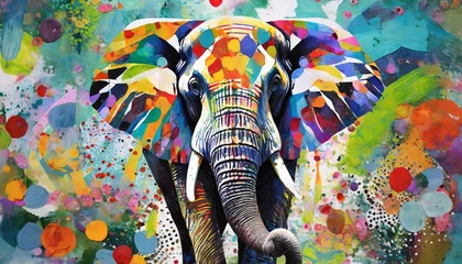 Tableaux ronds sur aluminium brossé Carte du monde colorful painting of a elephant with creative abstract elements as background