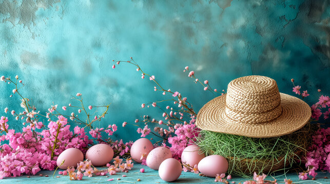 Easter bonnet background with straw hat and flowers with copy space for text.
