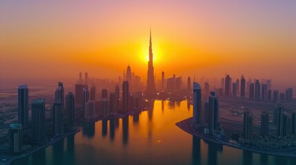 Fototapeta na wymiar Dubai city in sunrise aerial view