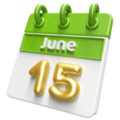 15th June Calendar Icon 3D Render , Calendar Icon 3D Illustration