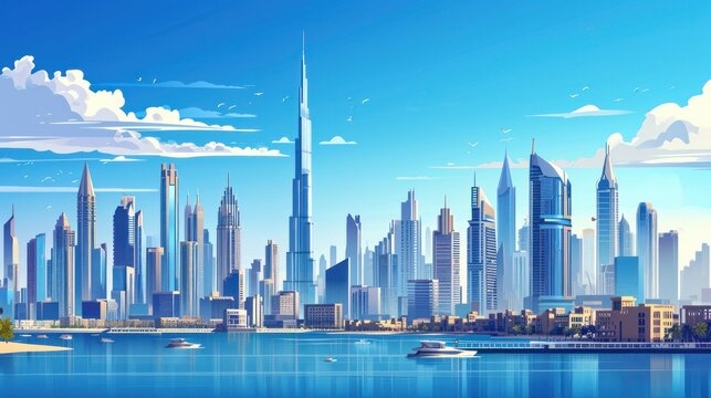 Dubai cityscape with skyscrapers and landmarks vector illustration