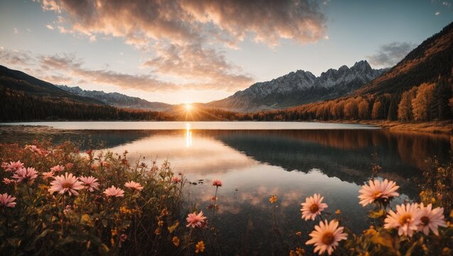 
photo of lake view with many flowers on its edge against the background of mountains in the morning made by AI generative