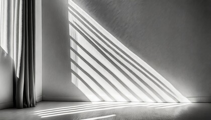 light and shadows lines from curtain and silates on the white wall sunny day the sun s rays mockup copy space for text