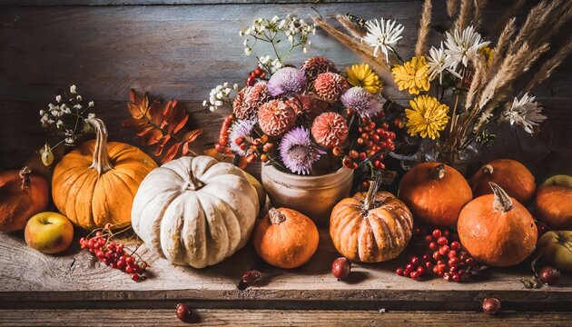 autumn thanksgiving moody background with different pumpkins fall fruit and flowers on rustic wooden table flat lay