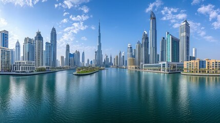 DUBAI, UAE. The panorama with the new Canal and skyscrapers of Downtown - obrazy, fototapety, plakaty