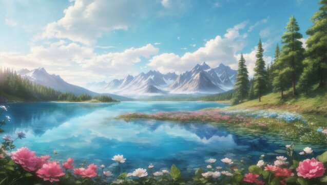 photo of lake landscape with clear blue water against forest and mountains background made by AI generative
