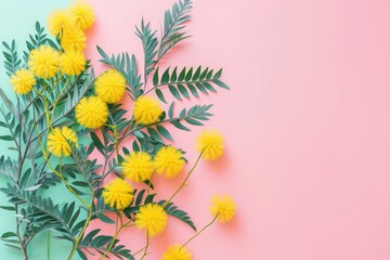 Yellow mimosa flower on pastel background with copy space