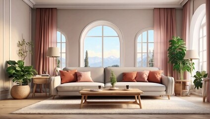 Fototapeta premium photo of family room decoration with a large sofa with a large window made by AI generative