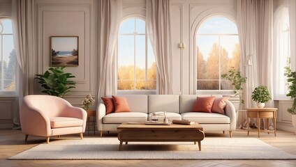 Fototapeta premium photo of family room decoration with a large sofa with a large window made by AI generative