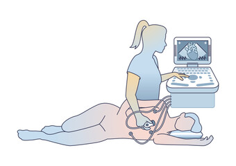 Echocardiogram or echo exam for heart disease diagnosis outline diagram, transparent background. Labeled educational scheme with patient scan process and professional cardiologist.