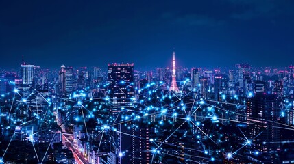 Modern city with wireless network connection and city scape concept.Wireless network and Connection technology concept with city background at night - obrazy, fototapety, plakaty