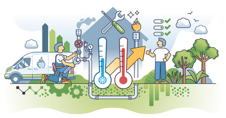 Fototapeta premium Furnace repair and HVAC maintenance as plumber service outline concept, transparent background. Professional heating or cooling device inspection, cleaning and safety control illustration.