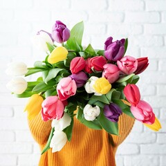 woman holding bouquet of tulips in front of her face
