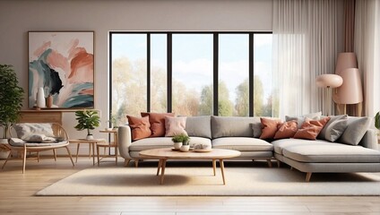 photo of family room decoration with a large sofa with a large window made by AI generative