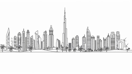 One continuous line drawing of Dubai city skyline United Arab Emirates. Beautiful city landmark. World landscape tourism and travel. Editable stylish stroke single line draw design vector illustration - obrazy, fototapety, plakaty